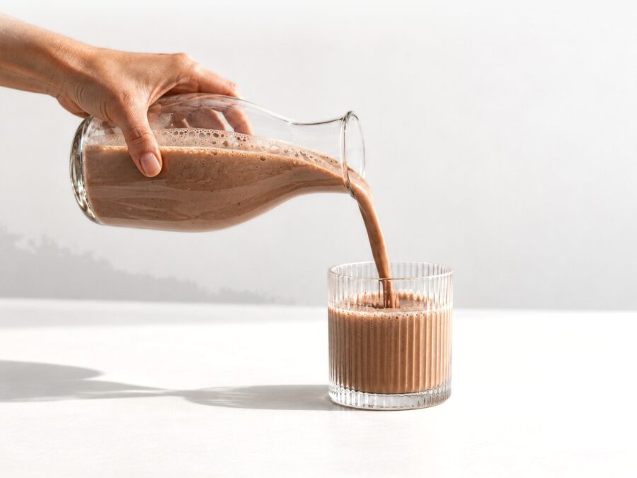 Nalievanie pripraveného nápoja Whey Protein Dark Chocolate do pohára