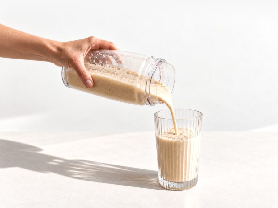 Nalievanie pripraveného nápoja Whey Protein Coconut & Almond do pohára