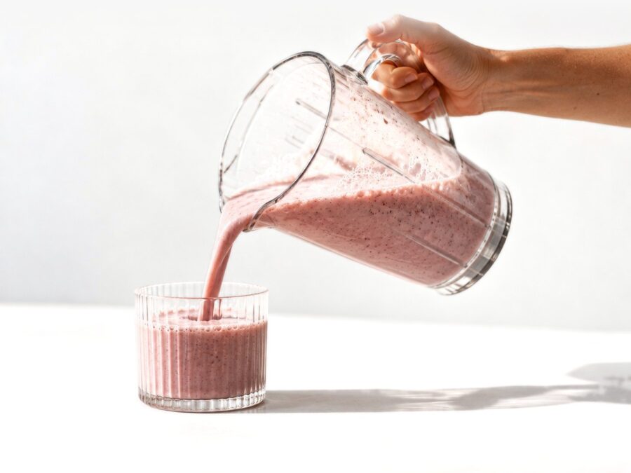 Nalievanie pripraveného nápoja Whey Protein Berries do pohára